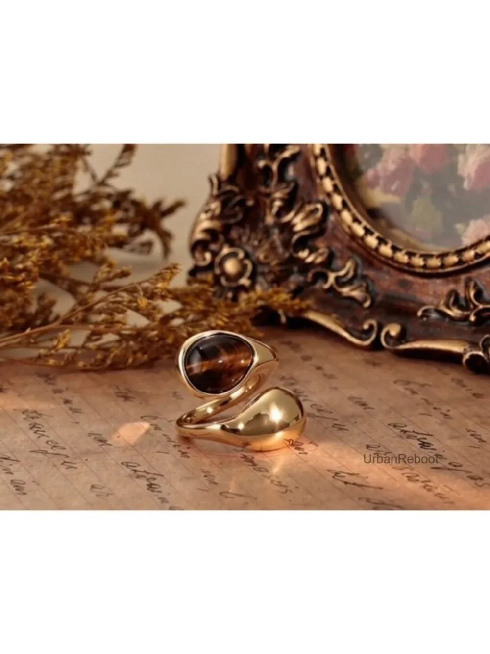 14K Gold Plated Tiger Eye Stone Chunky Open Ring Vintage Boho Adjustable